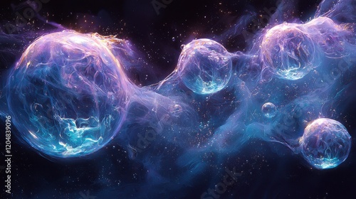 Abstract cosmic spheres, glowing nebula, ethereal energy, vibrant colors, dark background. photo