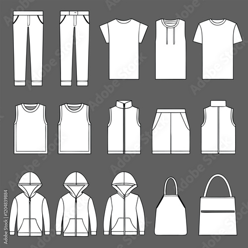 Clothes on hangers set including shirts, pants, jackets, dresses, t-shirts, and coats in a stylish collection for men 