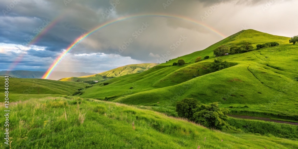 Obraz premium Vibrant rainbow over lush green hills in serene countryside landscape scene