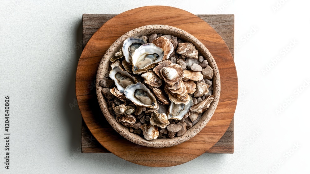 Bowl of fresh oysters served on a rustic wooden board ready for consumption Bowl of fresh oysters served on a rustic wooden board ready for consumption