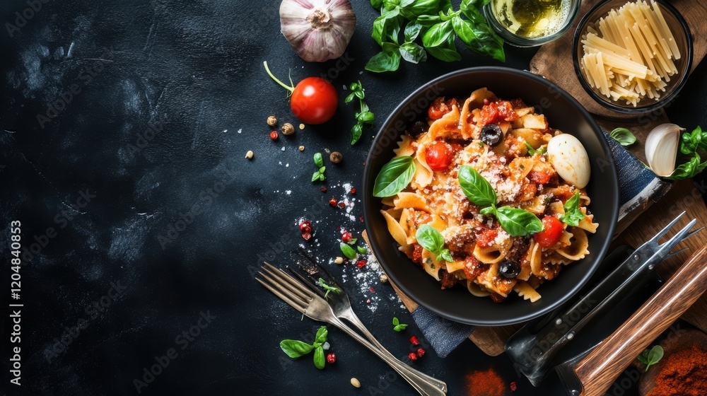 Bowl of pasta with meat sauce topped with fresh tomatoes and basil leaves on a wooden table Bowl of pasta with meat sauce topped with fresh tomatoes and basil leaves on a wooden table