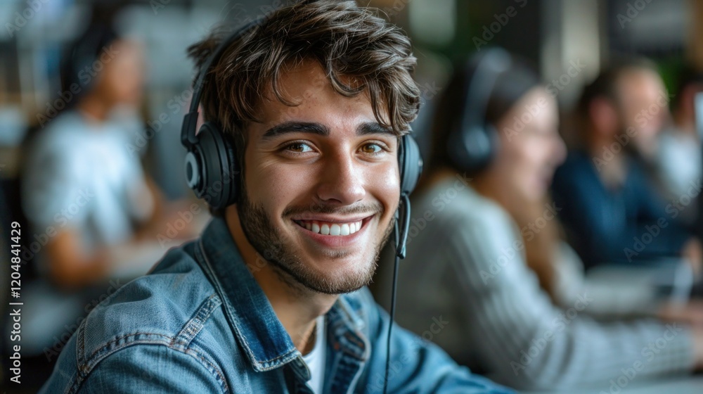 Smiling Call Center Agent with Colleagues in Background Smiling Call Center Agent with Colleagues in Background
