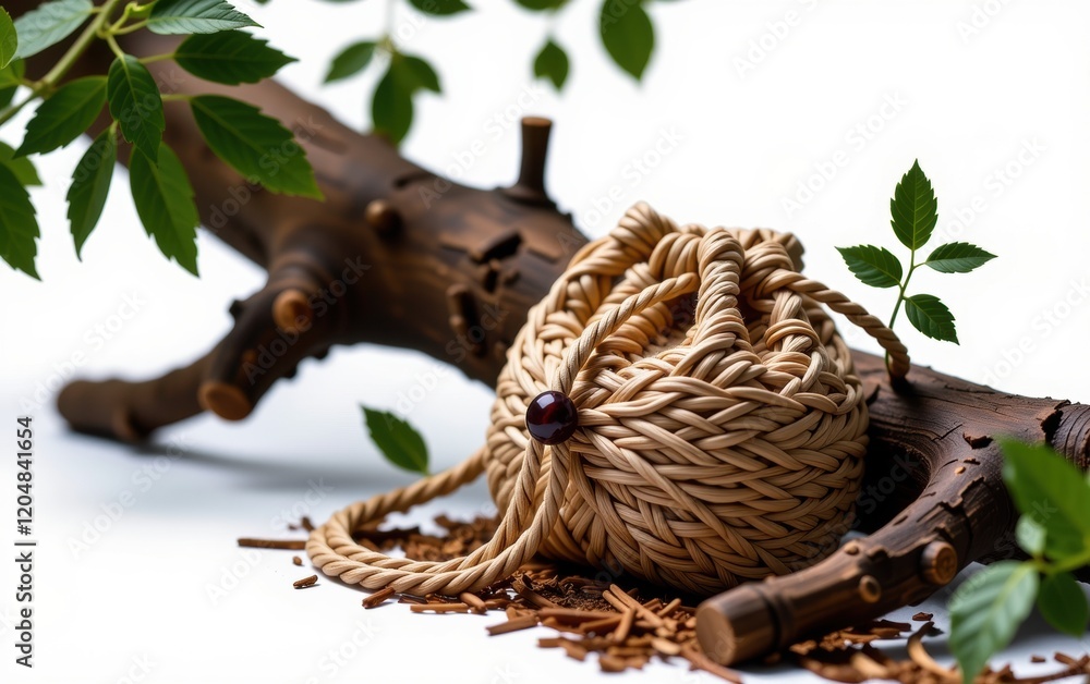 A rustic, hand-woven drawstring bag resting at the base of a tree, surrounded by fallen leaves and a bamboo stick, evoking a sense of natural simplicity and handcrafted beauty. A rustic, hand-woven drawstring bag resting at the base of a tree, surrounded by fallen leaves and a bamboo stick, evoking a sense of natural simplicity and handcrafted beauty.