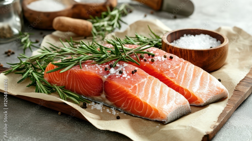 Two pieces of fresh salmon fillets on a wooden cutting board ready for cooking Two pieces of fresh salmon fillets on a wooden cutting board ready for cooking