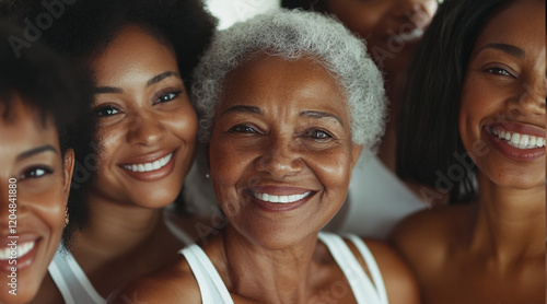 modern older black women's skin and hair models smile from young to old while doing a group photo shoot. they are wearing white tank tops with lots of negative white space