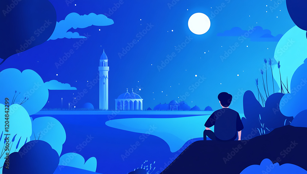 Naklejka premium Serene Nighttime View: Man Contemplating Mosque under a Full Moon
