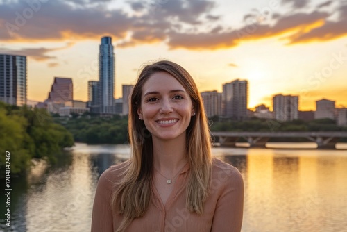 Austin Sunset Portrait: A Woman Smiles Against City Skyline