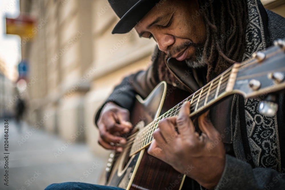 Fototapeta premium Street musician playing acoustic guitar on city sidewalk