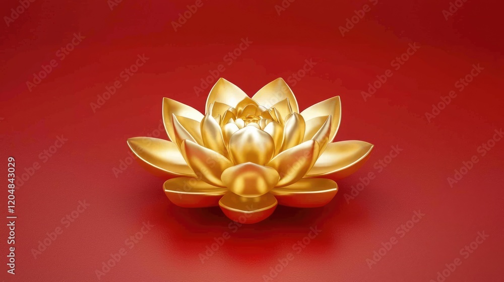 A shimmering golden lotus flower sits elegantly against a vibrant red background, symbolizing purity and enlightenment. A shimmering golden lotus flower sits elegantly against a vibrant red background, symbolizing purity and enlightenment.