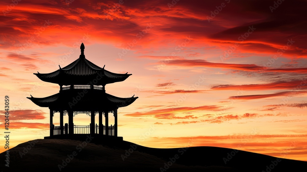 A serene silhouette of a pagoda against a vibrant sunset, showcasing striking colors and a tranquil atmosphere. A serene silhouette of a pagoda against a vibrant sunset, showcasing striking colors and a tranquil atmosphere.