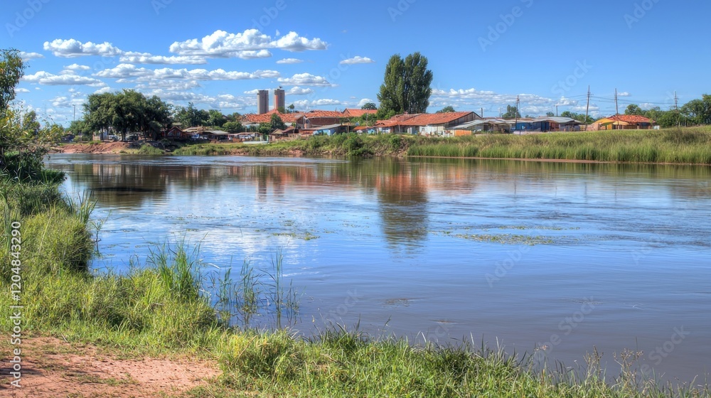 Riverfront village, tranquil scene, South America, agriculture Riverfront village, tranquil scene, South America, agriculture