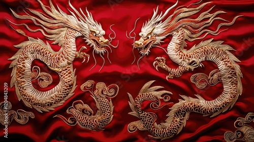 Wallpaper Mural Two beautifully embroidered dragons face each other on a rich red background, symbolizing power and good fortune in traditional Asian culture. Torontodigital.ca