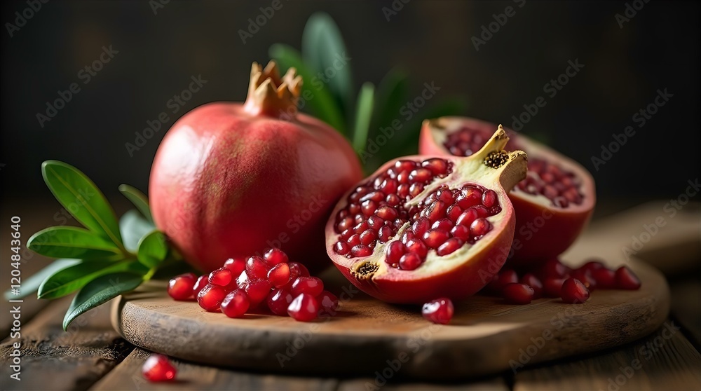 Ripe Pomegranates Displayed on Wooden Board, Garnet Seeds, Dark Still Life, Moody Lighting, Tabletop View, Close-Up Composition, Rich Red Hues, Natural Elements, Soft Focus, Studio Effect Ripe Pomegranates Displayed on Wooden Board, Garnet Seeds, Dark Still Life, Moody Lighting, Tabletop View, Close-Up Composition, Rich Red Hues, Natural Elements, Soft Focus, Studio Effect