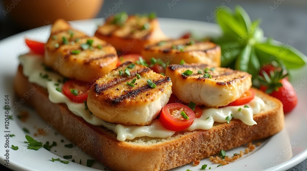 Grilled Halloumi Cheese Toast with Tomato Slices and Creamy Sauce, Topped with Fresh Herbs, Close-up View, Shallow Depth of Field, Blurred Background, Dark Gray Surface, Bowl, Green Plant, Strawberry Grilled Halloumi Cheese Toast with Tomato Slices and Creamy Sauce, Topped with Fresh Herbs, Close-up View, Shallow Depth of Field, Blurred Background, Dark Gray Surface, Bowl, Green Plant, Strawberry