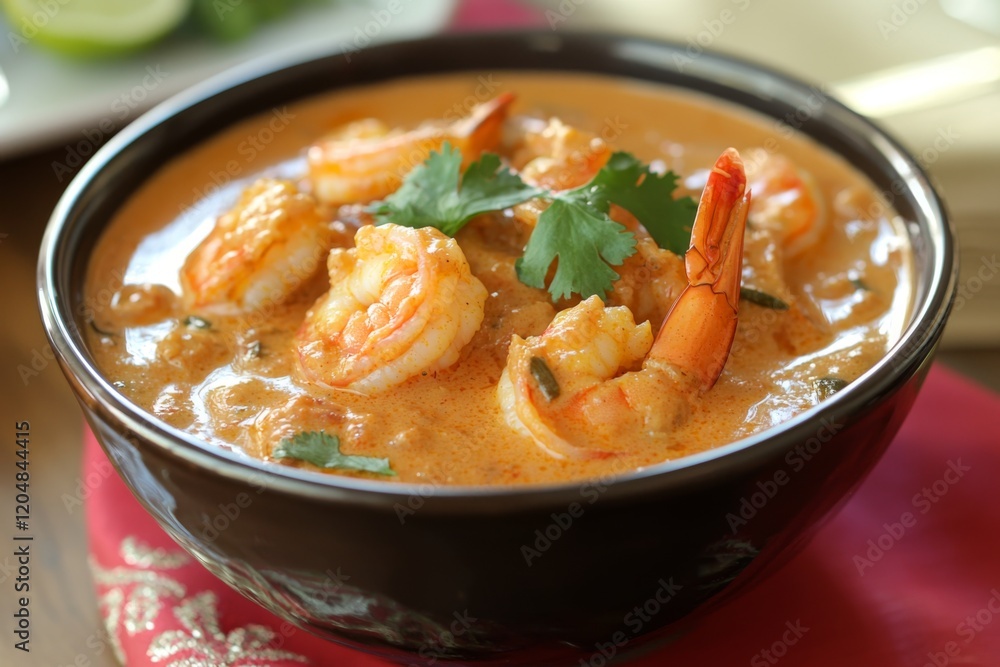 delightful bowl of Prawn Malai Curry on a dining table, showcasing its vibrant colors and creamy sauce, accompanied by rice and naan for a complete meal delightful bowl of Prawn Malai Curry on a dining table, showcasing its vibrant colors and creamy sauce, accompanied by rice and naan for a complete meal