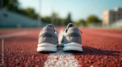 A pair of athletic running shoes positioned on a track, symbolizing preparation, fitness, health, and the spirit of competition in sports and personal goals. photo