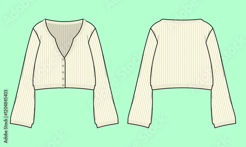 Women long sleeve knitted sweater crop cardigan flat sketch outline CAD mockup.