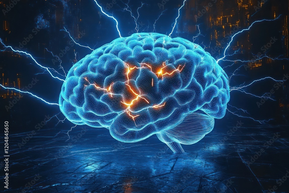 Obraz premium Futuristic Digital Artwork of a Glowing Blue Brain Surrounded by Lightning in Cyberpunk Style