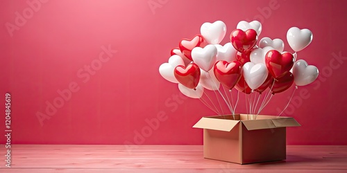 Romantic red and white heart balloons float against a pink backdrop, perfect festive party decor.