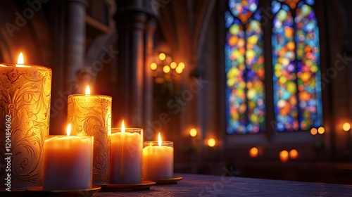 Lit candles of various sizes on a table with blurred stained glass windows and warm lighting in the background.