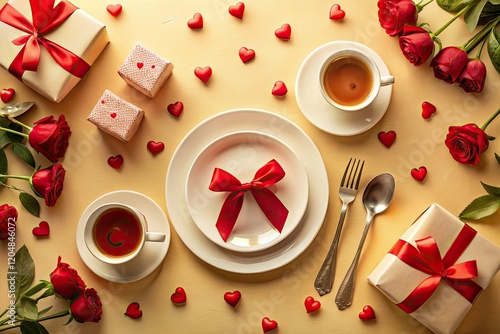 Romantic Valentine's Day table setting: hearts, gifts, and a sunny yellow backdrop, perfect for couples' intimate dinner.