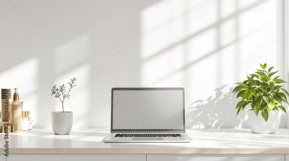 Obraz premium Minimalist home office desk setup with laptop and indoor plants in natural light