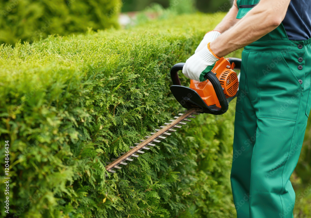 Obraz premium A gardener in green overalls using an orange hedge trimmer to shape dense vibrant green hedges