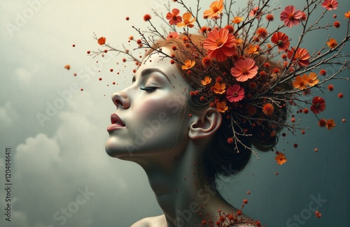 Wallpaper Mural Surreal floral portrait of a woman with vibrant autumn blossoms in her hair Torontodigital.ca