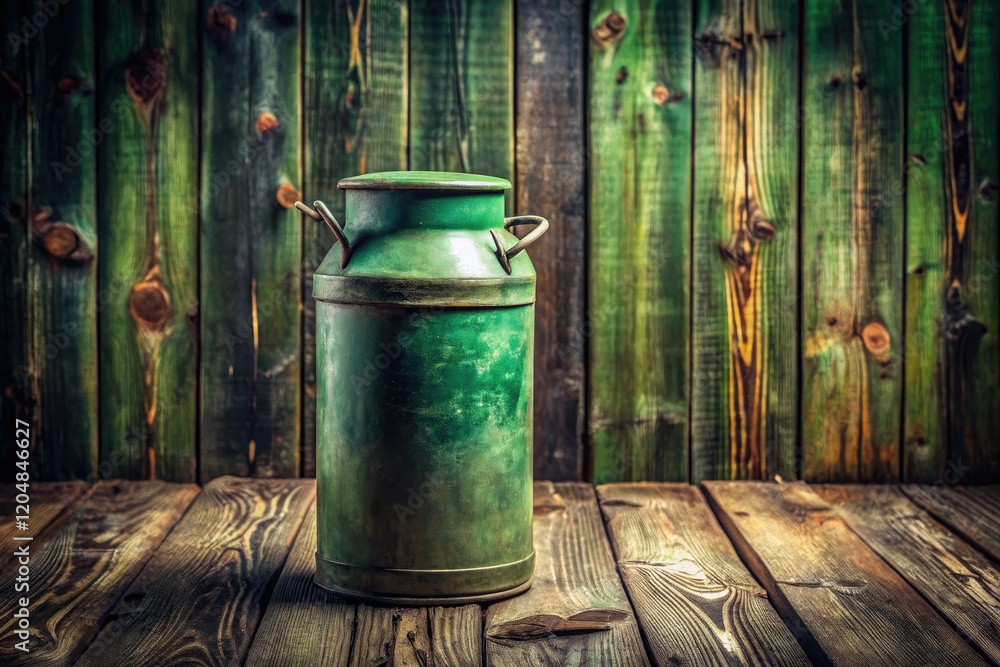 Rustic green milk can, long exposure, rests on wooden planks against a weathered wall. Rustic green milk can, long exposure, rests on wooden planks against a weathered wall.