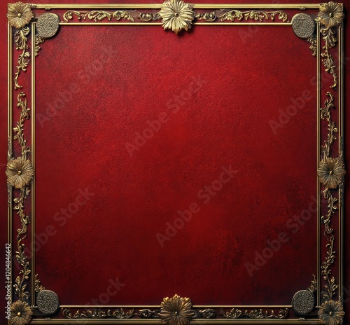 luxurious red background with gold borders festive Christmas design elegant layout bokeh lights rich textures holiday stripes