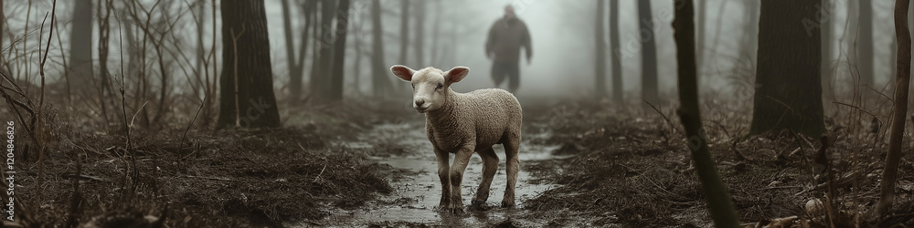 Fototapeta premium Touching Scene of a Muddy Lamb in a Misty Forest as a Shepherd Approaches Symbolizing Care and Redemption