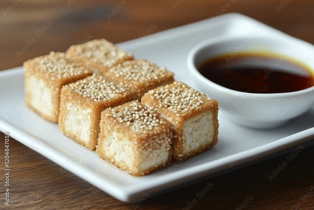 plated dish of crispy tofu, generously coated with sesame seeds, paired with an enticing dipping sauce for a satisfying flavor experience plated dish of crispy tofu, generously coated with sesame seeds, paired with an enticing dipping sauce for a satisfying flavor experience