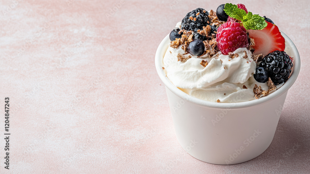 Delicious dessert with whipped cream, berries, and chocolate sprinkles Delicious dessert with whipped cream, berries, and chocolate sprinkles