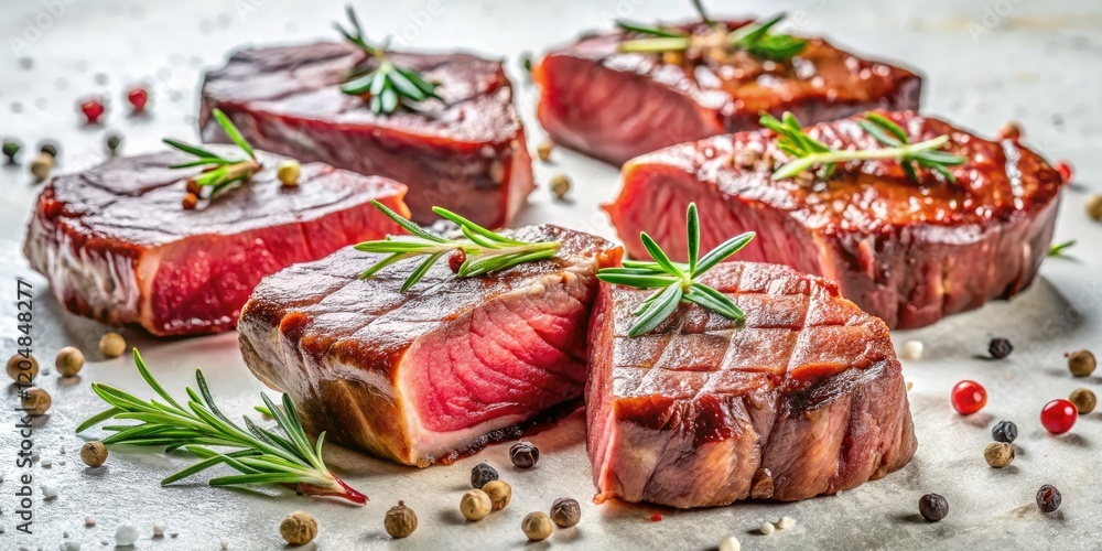 Sizzling steaks, expertly styled, against a stark white backdrop—a gourmet feast captured. Sizzling steaks, expertly styled, against a stark white backdrop—a gourmet feast captured.