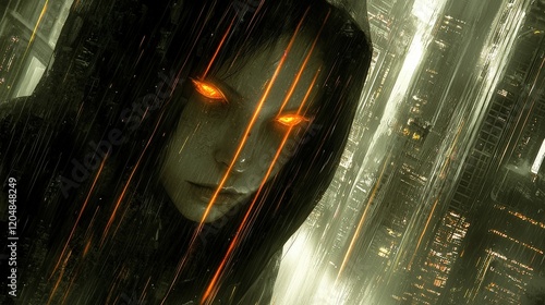 Futuristic Woman with Glowing Eyes in Neon Cityscape Surrounded by Rain and Light
