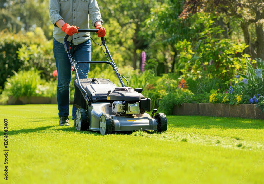 A person mowing a lush green lawn with a push lawnmower A person mowing a lush green lawn with a push lawnmower