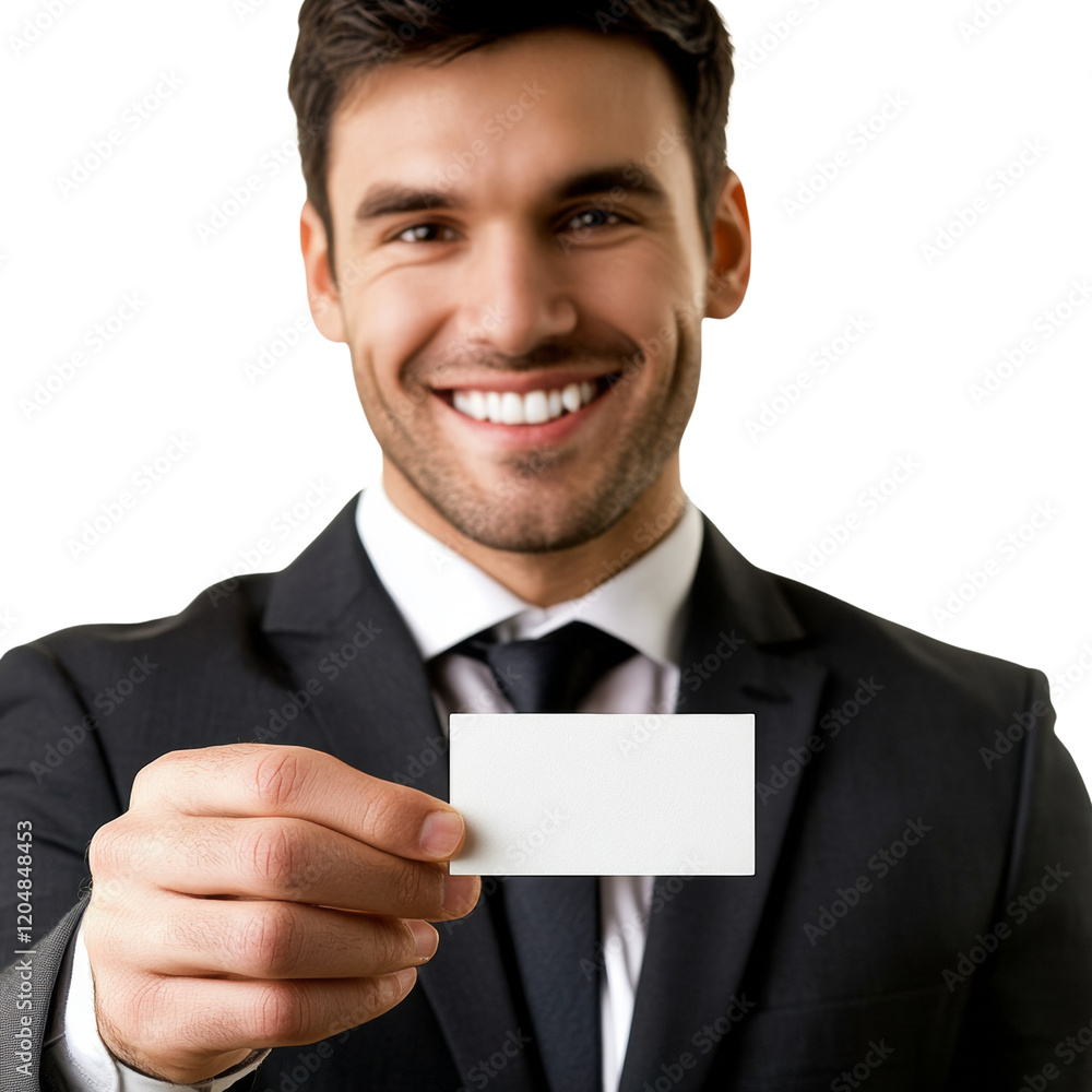 A smiling businessman in a suit presents a blank white business card against a white background.