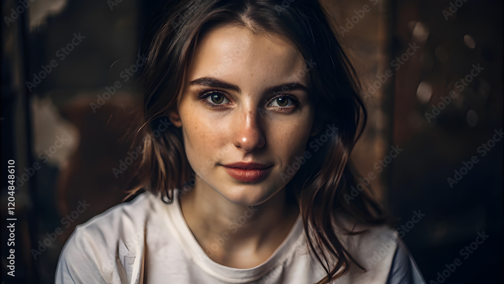 Portrait of Eastern European Woman with Sharp Eyes and Simple Style. Perfect for: Lifestyle branding, natural beauty campaigns Portrait of Eastern European Woman with Sharp Eyes and Simple Style. Perfect for: Lifestyle branding, natural beauty campaigns