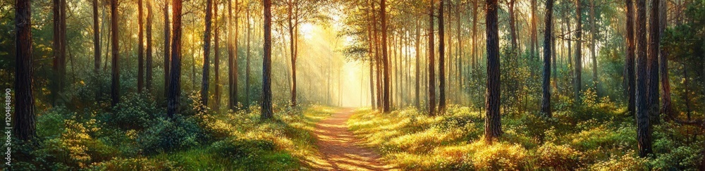 Fototapeta premium Tranquil Sunrise Pathway in Pine Forest Park