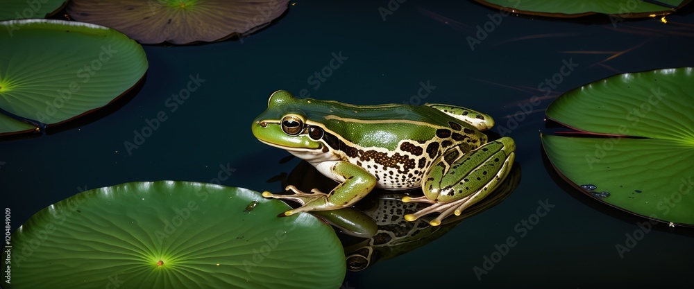 Vibrant green frog resting on lily pad in tranquil pond Vibrant green frog resting on lily pad in tranquil pond