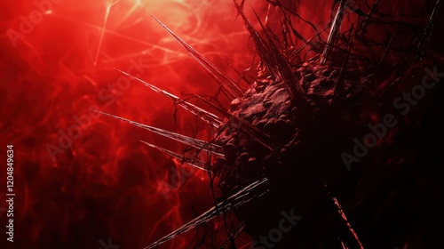 Virus with sharp spikes in a dark red aura, [virus, fear concept, pandemic imagery], [ominous tones, high contrast, cinematic look]  photo