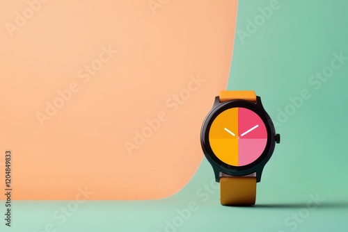 Stylish wristwatch with colorful dial against a pastel background.