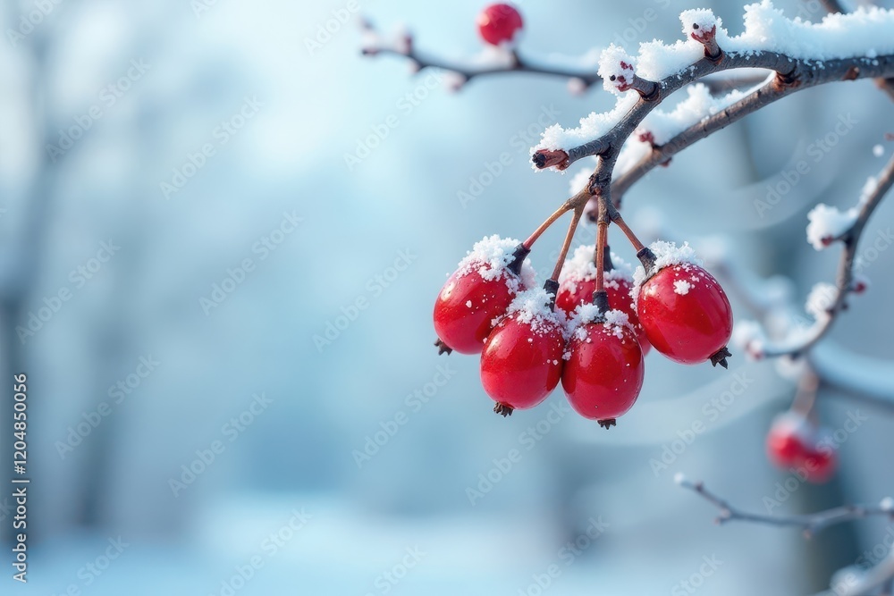 red rowan berries on a bare winter tree against the pale blue background, frosty landscape, frozen rowan, winter tree red rowan berries on a bare winter tree against the pale blue background, frosty landscape, frozen rowan, winter tree