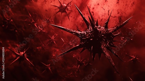 Virus with sharp spikes in a dark red aura, [virus, fear concept, pandemic imagery], [ominous tones, high contrast, cinematic look]  photo