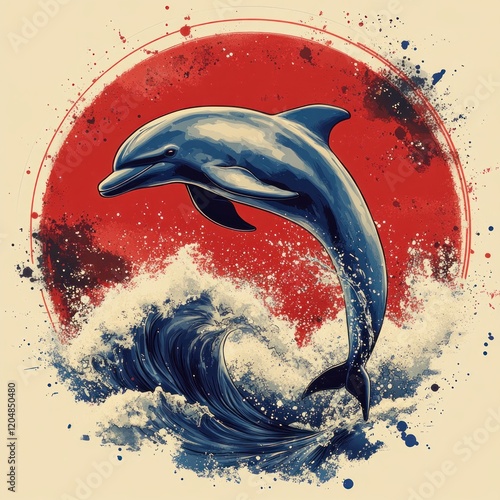 Colorful Dolphin Leaping in Waves Logo Design with Bright Blue and Red Tones photo