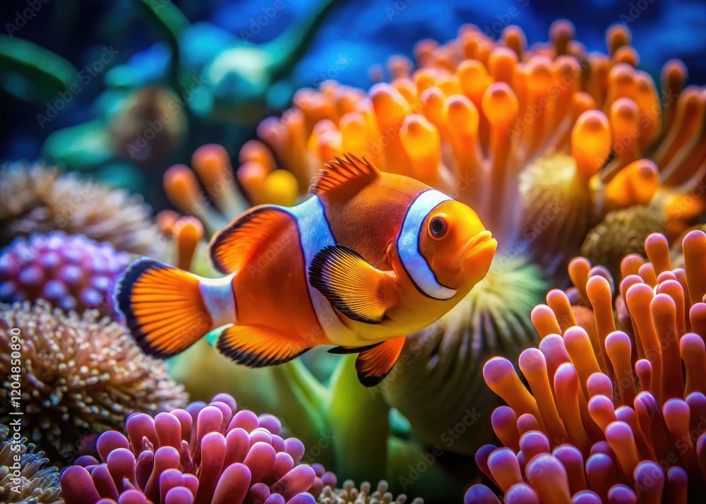 Underwater photography captures vibrant orange clownfish amidst a thriving reef. Underwater photography captures vibrant orange clownfish amidst a thriving reef.