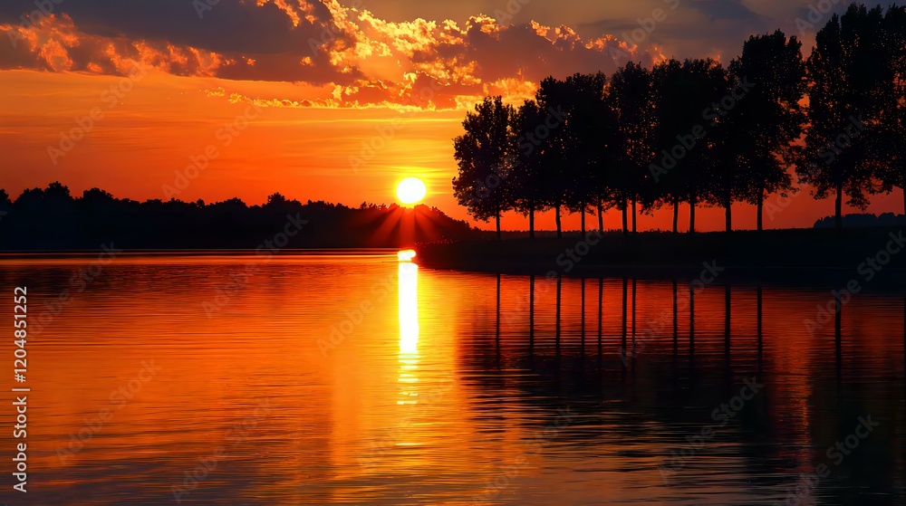 Fototapeta premium Sunset Over a Lake with Silhouetted Trees