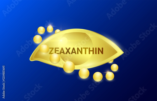 Golden eye surrounded by zeaxanthin on blue background. For design dietary supplement products. Natural extracts of marigold flowers. Help eyesight and vision. Medical scientific. 3D Vector.