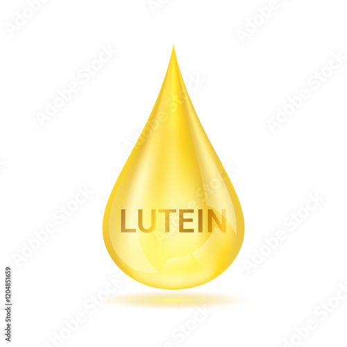 Drop golden lutein on white background. For design dietary supplement products. Natural extracts of marigold flowers. Help eyesight vision and healthy eye. Medical scientific. 3D Vector illustration.
