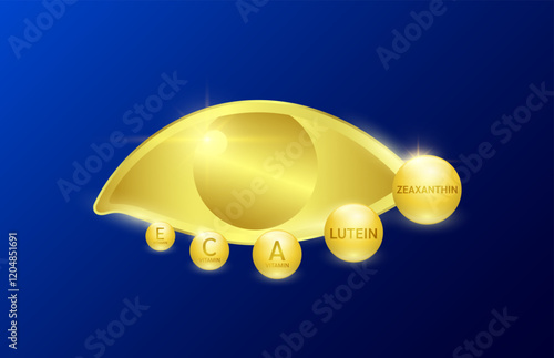 Golden eye with lutein zeaxanthin vitamin A on blue background. For design dietary supplement products. Natural extracts of marigold flowers. Help eyesight and vision. Medical scientific. 3D Vector.
